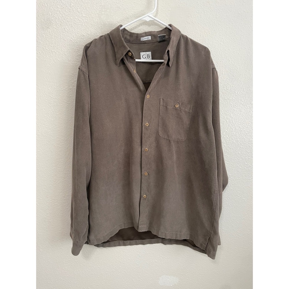 Geoffrey Beene Micro Suede Shirt Womens Large Brown Excellent Long Sleeve Button